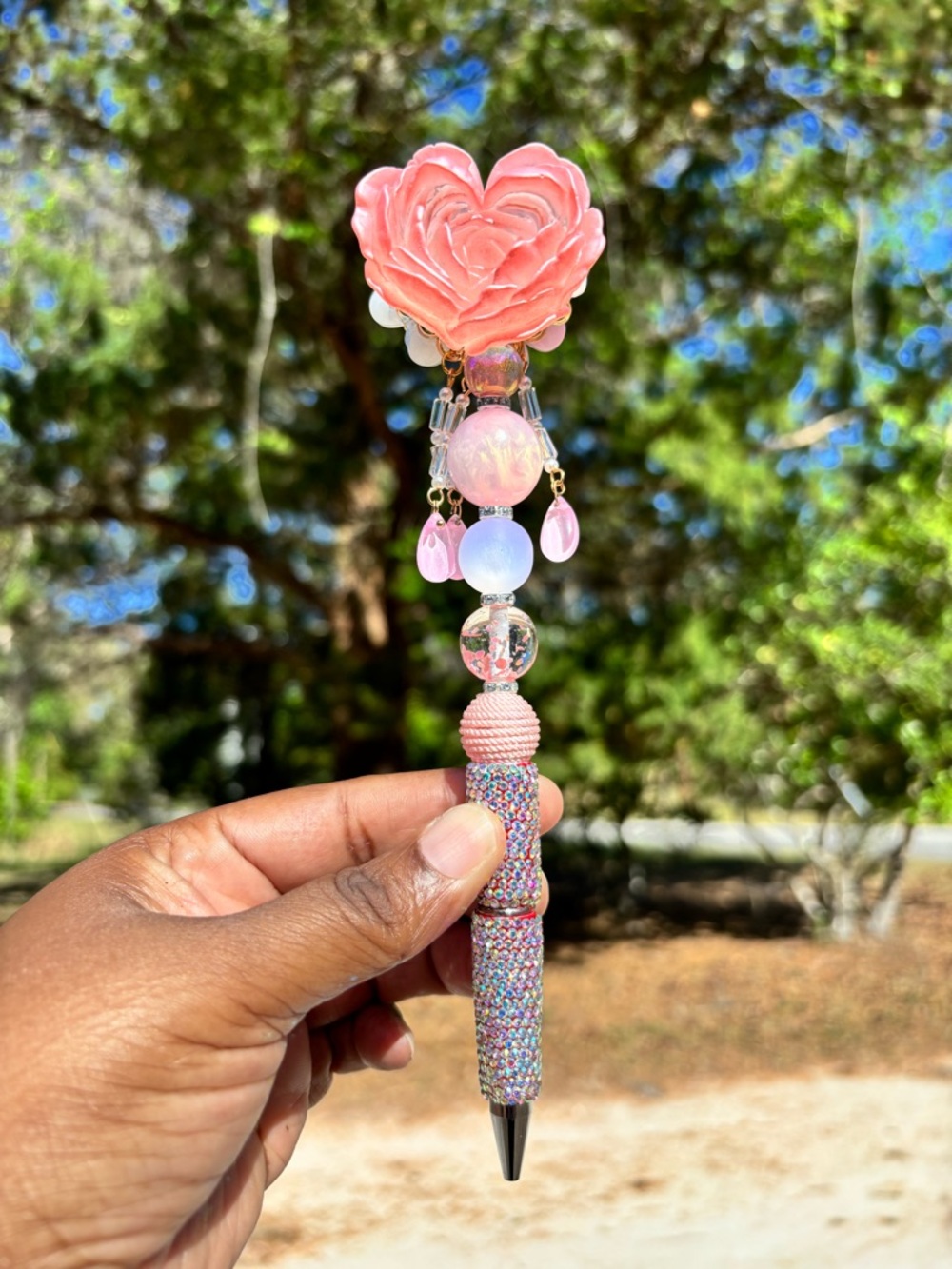 Custom Designed Pink Floral Rhinestone Beaded  Pen